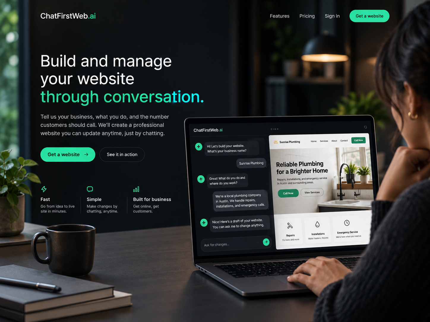 A business owner building a plumbing website through conversation, with the draft site beside the chat.